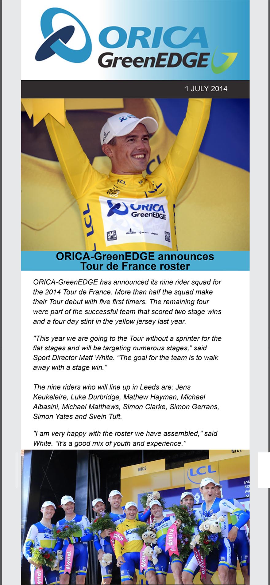 ORICAGreenEDGE announces Tour de France roster